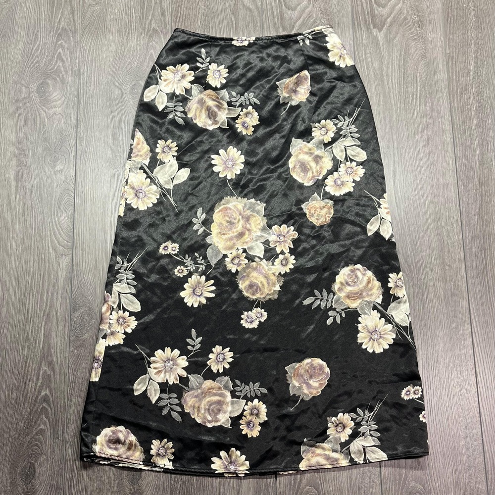 Vintage 1980s Floral Light Maxi Skirt Black Cute V I Petites 28 x 35